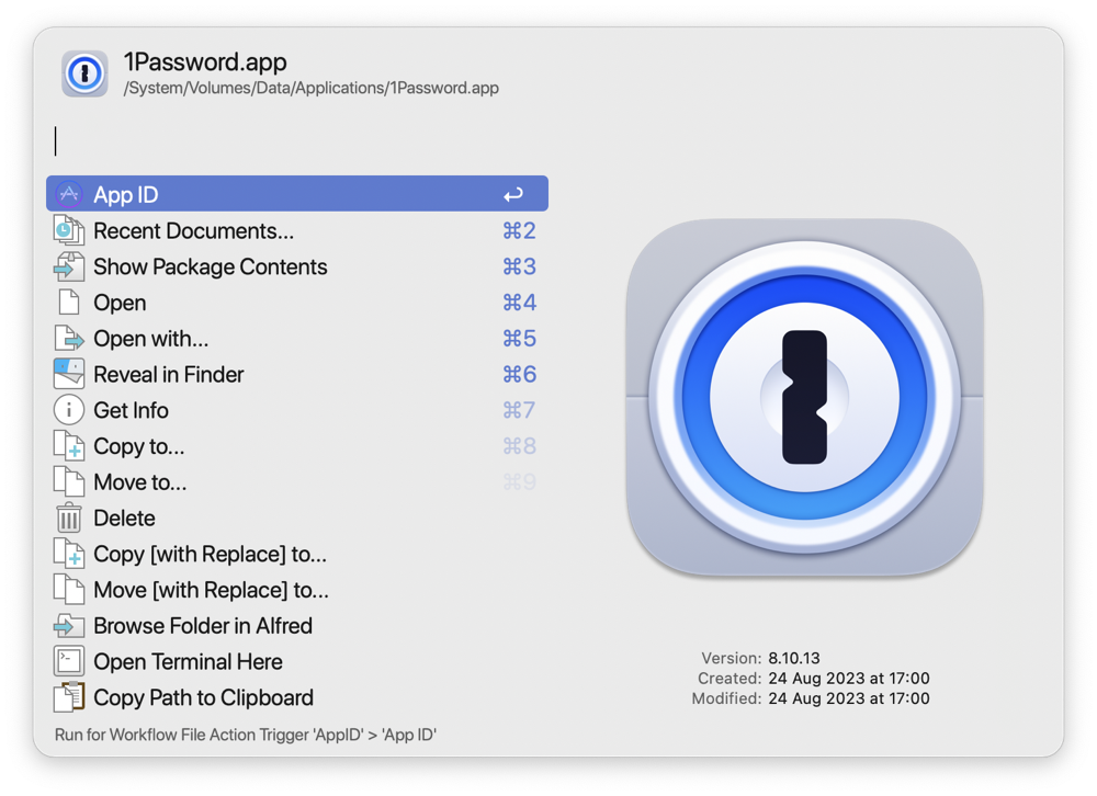 File Actions available in Alfred for 1Password