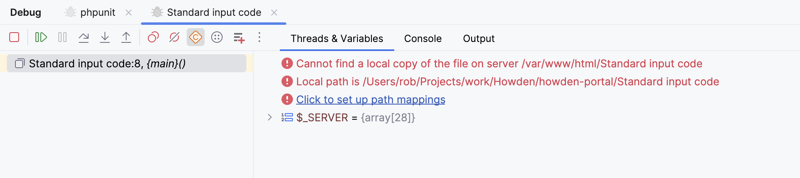 Screen shot of PhpStorm with the words "Cannot find a local copy of the file on server /var/www/html/Standard input code"