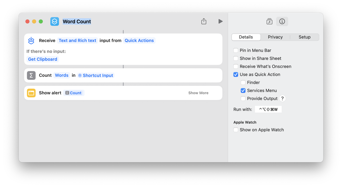 Screenshort of Word Count shortcut