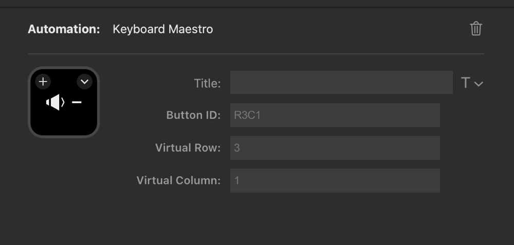 Keyboard Maestro automation configuration interface showing a button setup with a speaker/volume icon. The interface displays fields for Title (empty), Button ID (R3C1), Virtual Row (3), and Virtual Column (1). The left side shows a black square button with white speaker and minus icons.